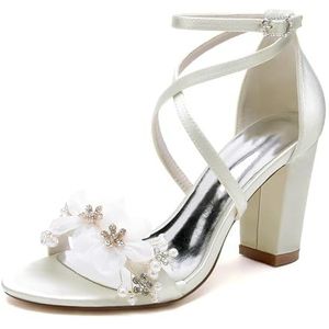 GHSIRUEU Vrouwen Open Teen Blok Hoge Hak Sandalen Strappy Bloem Parel Satijn Bruids bruiloft avond Prom jurk schoenen,ivoor,36 EU