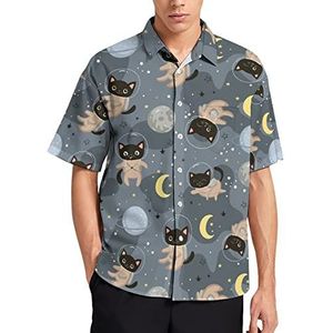 Leuke Katten Astronauten Hawaiiaanse Shirt Voor Mannen Zomer Strand Casual Korte Mouw Button Down Shirts met Zak