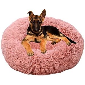 Antislip rond pluche huisdierbed - kalmerende donutknuffel hondenbed - pluizige zachte wasbare kattenhondenkussenmat - anti-angst en verbetering van slaappuppy hondenbed - 160cm/63,1in, roze