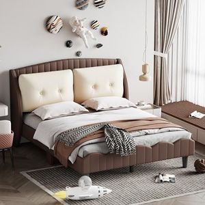 VSOGA Kinderbed, gestoffeerd bed, 140 x 200 cm, met lattenbodem, rugleuning en 2 grote kussens, tweepersoonsbed van PU-leer, voor volwassenen en jongeren, bruin