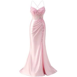 KIYNE Satijnen zeemeermin-galajurken met split voor dames, kant, appliqué, spaghettiband, formele feestjurk, baljurk, roze, 32