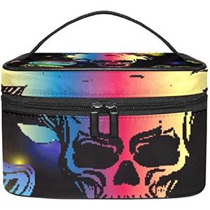 Naadloze bijenpatroon make-up tas voor vrouwen meisjes cosmetische tassen met handvat reizen make-up organizer tas, Kleurrijke vlinder en schedel, 8.9x5.9x5.4 Inches, Make-up zakje