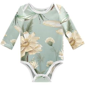 KAAVIYO Witte bloem libelle baby body lange mouwen katoen bodysuit voor neutrale pasgeborenen 3-24 maanden, Patroon., 6 Maanden