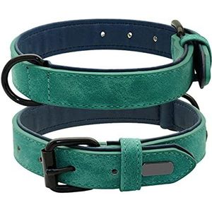 Lederen halsband en riem 2 laags gewatteerde halsbanden voor huisdieren Lopende touw voor kleine grote honden - groene halsband, S