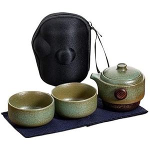 Porseleinen theepot, Chinese draagbare theeset keramiek 1 pot 2 kopjes reis theeset mokken opbergtas theeservies warmte-isolatie container(Green)