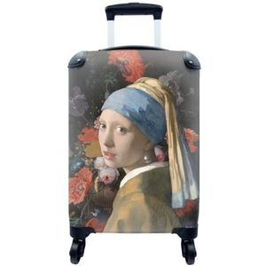 MuchoWow® Koffer - Meisje met de parel - Vermeer - Bloemen - Past binnen 55x40x20 cm en 55x35x25 cm - Handbagage - Trolley - Fotokoffer - Cabin Size - Print