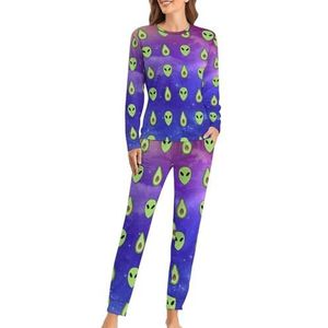 Alien Avocado Sterrenhemel Zachte Dames Pyjama Lange Mouw Warm Fit Pyjama Loungewear Sets met Zakken 5XL