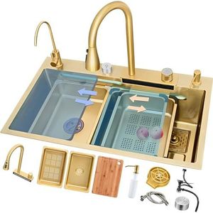 Multifunctionele RVS Waterval Keuken Spoelbak, Grote Capaciteit Werkstation Spoelbak, Opbouw Enkele Kom Spoelbak, Met Afvoerknop En Complete Accessoires(Gold,68x45x22cm)