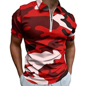 Rode Camouflage Half Zip-up Poloshirts Voor Mannen Slim Fit Korte Mouw T-shirt Sneldrogende Golf Tops Tees 3XL