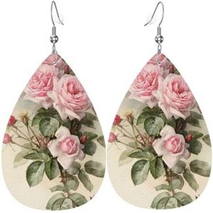 Roze Vintage Rose Gedrukt Lederen Oorbellen, Waterdrop Mode Vrouwen Oorbellen, Lichtgewicht Oorbellen Voor Vrouwen, Eén maat, Sterling zilver, Geen edelsteen