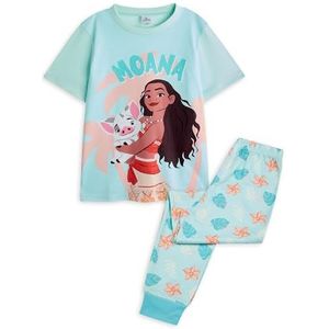 Disney Moana meisjes pyjamaset | Moana & Pua bovenstuk met korte mouwen en PJ-broek met lange pijpen voor kinderen in blauw | Nachtkleding met bladmotief voor kinderen