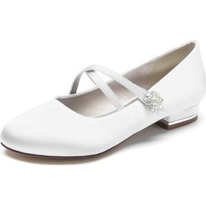Womens Trouwschoenen Voor Bruid Ballet Flats Cross Strap Ballet Pumps Ronde Neus Satijnen Partij Bruidsschoenen,Wit,36 EU
