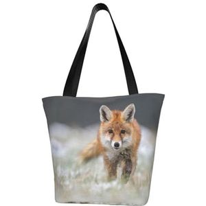 BeNtli Schoudertas, grote canvas tas, casual tas voor vrouwen, herbruikbare boodschappentassen, schattige vossenprint, Als afbeelding, Eén maat