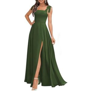 Chiffon bruidsmeisjesjurken voor dames, met spleetplooien, formele avondjurken, grote maten, Olijfgroen, 32