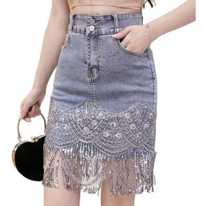 Dames Wrap Hip Jeans Rokken Hoge Taille Pailletten Kwast Borduurwerk Kant Sexy Casual Denim Rok Met Zakken,Blauw,L