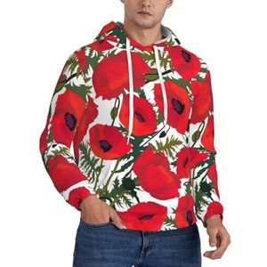 JEJEA Poppy Flower Pattern Print Heren Hooded Sweatshirt, Trekkoord Hoodies Trui, Lange Mouw Trui, Voor Dagelijks Dragen, Zwart, S