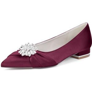 KYEGLO Satijnen Bruidsmeisjesschoenen Met Spitse Neus Voor Dames - Gesloten Platte Schoenen Met Strass Voor Feestjes, Bruiloften En Cadeaus Voor Dames,Burgundy,36 EU