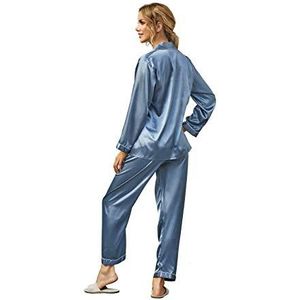 Ladieshow Vrouwen Pyjama Satijn Dames Pj Set Lange Mouw Nachtkleding Tweedelige Set, Grijs Blauw, S