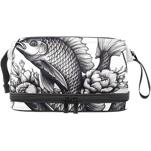 Dubbele Laag Cosmetische Tas Vis Grijs Draagbare Make-up Tas Reizen Organizer Pouch voor Vrouwen Meisjes Toiletartikelen Tassen, Meerkleurig, 27x15x14 cm/10.6x5.9x5.5 in, Make-up zakje
