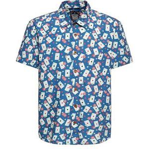 King Kerosin Herenoverhemd met korte mouwen, businesshemd, vrijetijdshemd, Las Vegas, casino, speelkaarten, pokerchips, rockabilly, vintage, retro, casino, blauw, 5XL