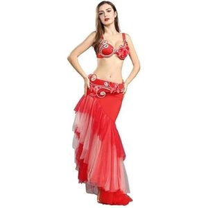 Professionele Buikdansrok Voor Dames Tribal Rave Festival Kostuum Voor Wedstrijden Halloween Feestdansjurken Buikdanseres Bh En Riem Lange Rok,Rood,L