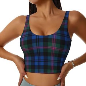 Blauw en Groen Schotse Tartan Print Comfortabele Vrouwen Sport Vest Yoga Workout Vest Voor Vrouwen Lichtgewicht Zomer, Zwart, S
