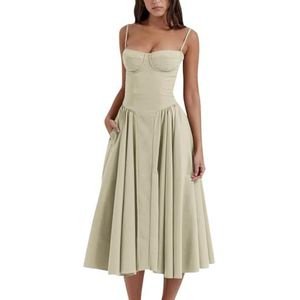 Sleeveless Corset Fit Midi Dress Spaghetti Strap Bustier Midi Dress Trendy A Line Dress With Pocket (M,green)