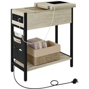 EUGAD Bijzettafel, nachtkastje met laadstation, banktafel, salontafel met opbergruimte, kleine tafel, USB-aansluiting, stopcontact, tas, inklapbaar tafelblad, licht eiken