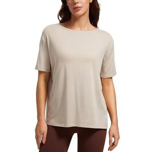 CRZ YOGA Damen Sport Top Fitness Kurzarm Leichte Sommer Loose T Shirt Atmungsaktiv Baumwolle Yoga Oberteile Mijn Tan M