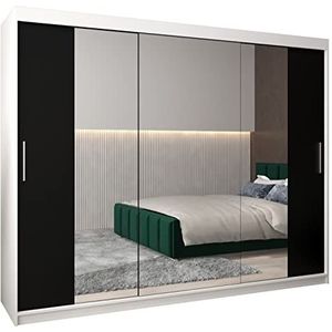 MEBLE KRYSPOL Tokyo 2 250 slaapkamerkast met DRIE schuifdeuren, spiegel, kledingroede en planken - 250x200x62cm - mat wit + mat zwart