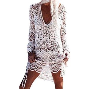 JFAN Strandjurk voor dames, kant, sexy kaftan, tuniek, badpak voor dames, bikini cover-up, Wit, Eén maat