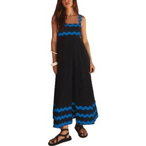 Dames zomer maxi-jurk casual boho mouwloze spaghettibandjes gesmokte lange strandzonjurken(Color:Black blue B,Size:Medium)