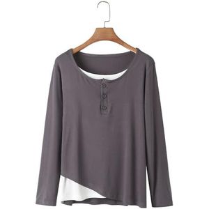 SDFGH Plus Size Design Draad Katoen Casual Fake 2 Stuks Splicing Tee Curve Kleding Dames T-shirt met lange mouwen (Color : Gray, Size : XL)