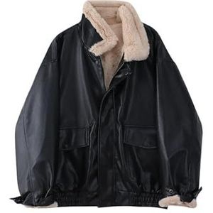 Echt Imitatieleren Jack for Dames, Bontkraag en Zachte Sherpavoering, Vintage Losse Pasvorm(Black,XXX-Large)
