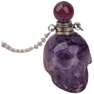 Gemstone Skull Head Perfume Bottle Pendant For Women Hand Carved Crystal Skull Figurine Essential Oil Necklace Gift (Color : Silver_Amethyst Quartz)