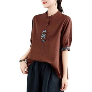 Casual Katoenen Linnen Tops Voor Dames Borduurwerk Retro Etnische Stijl Shirts Met Halve Mouwen Chinese Traditionele Hanfu Blouse(Color:Coffee,Size:XXL)