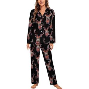 Rendier Hoofd Vrouwen Pyjama Sets Tweedelige Button Down Nachtkleding Lange Mouw Top En Broek Loungewear