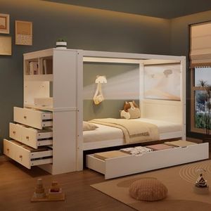 YuQozii 90 x 200 cm kinderbed, eenpersoonsbed met valbescherming en rooster, houten bed met opbergruimte, opbergkast met 5 laden, veel opbergruimte, grenen + PB, wit + naturel