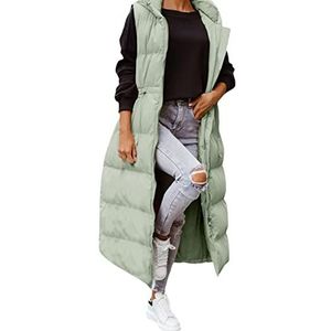 Dames Winter Maxi Gewatteerde Gilets Hooded Elastische Tailleband Lange Vest Jas Bodywarmer Uitloper Gewatteerde Katoenen Jas KaloryWee, A-groen