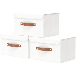 OUTBROS Grote opvouwbare opbergdoos met deksel, linnen stof kleding plank mand bakken doos voor handdoeken, boeken, kleding 33 x 23 x 20 cm (wit, 3-pack)