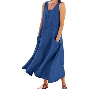 Maxi Dress for Women, Trendy Sleeveless Cotton Linen Dress, Casual Loose Flowy Ruched Sundress with Pockets (S,02)