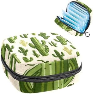 Groene cactussen op een beige achtergrond maandverband opbergtas, grote menstruatiecup zakje met rits, menstruatie pads, tas winkel inlegkruisjes tampons voor meisjes vrouwen