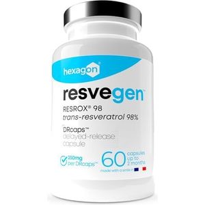 Resvegen™ - 250mg Trans-Resveratrol 98% RESROX® - 60 Capsules DRcaps™ Delayed Release - Hoge Beschikbaarheid - Krachtige Antioxidant & Anti-Aging - Made in France - Veganistisch - Hexagon