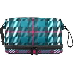 Grote capaciteit reizen cosmetische tas,Klassieke blauwe plaid, make-up tas,Waterdichte make-up tas organisator, Meerkleurig, 27x15x14 cm/10.6x5.9x5.5 in