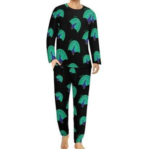Cartoon pauw comfortabele heren pyjama set ronde hals lange mouwen loungewear met zakken 5XL