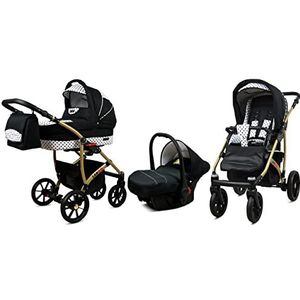 BabyLux Largo 3 in 1 Baby Reis Systeem Kinderwagen Autostoel Afneembare Regenhoes Voetenzak Dragende Wielen Pasgeborene tot Baby Black Dots Gold Frame