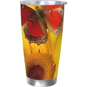 RLDOBOFE Gele zonnebloemen met rode vlinderprint 20 oz beker roestvrij stalen koffiekop geïsoleerde beker herbruikbare autobeker dubbelwandige koffiemok morsbestendige reismok thermische beker voor