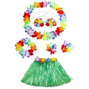 Dames meisjes hoelarok 40 cm 5 stks/6 stuks Hawaiiaanse hoelagras dansrok met Leis kostuum elastisch gras Hawaiiaanse bloem armbanden hoofdband ketting (kleur: groen, maat: 40 cm 5 stuks)