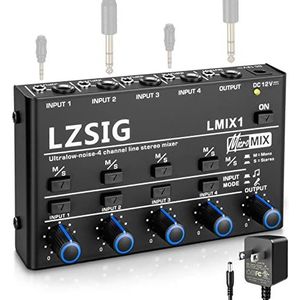 LZSIG Mini Audio Mixer, Stereo Line Mixer voor Sub-Mixing, Ultra Low-Noise, 4-kanaal, Microfoon Onafhankelijke Controle, DC 12V, voor gitaren, bas, toetsenborden of Stage Mixer Extension-LMIX1