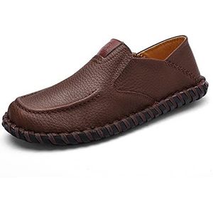 Herenloafers Schoenen Echt leer Stiksels Details Ronde neus Rubberen zool Platte hak Antislip Antislip Feestmode Instappers(Brown,45 EU)